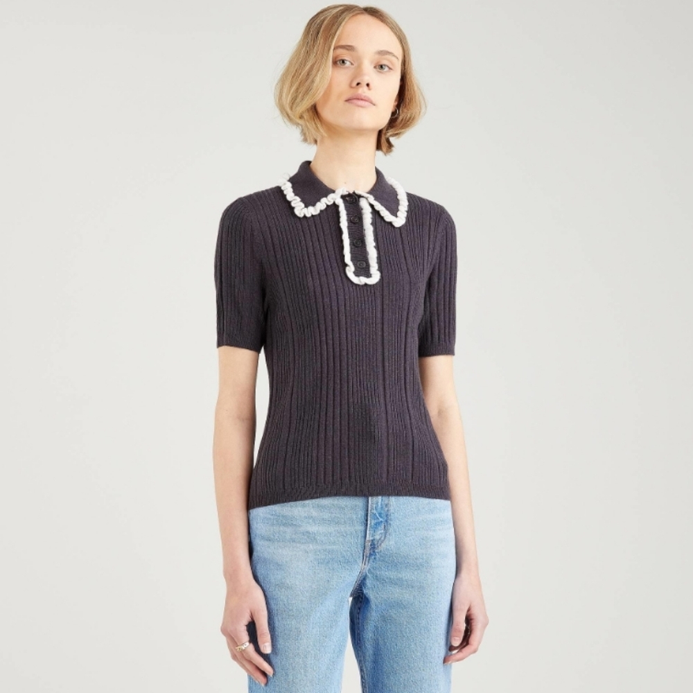 Levi's Short Sleeve Ribbed Contrast Ruffle Trim Knit Top Peter Pan Collar